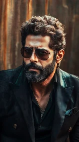 Bearded man in dark suit exudes cinematic confidence outdoors.