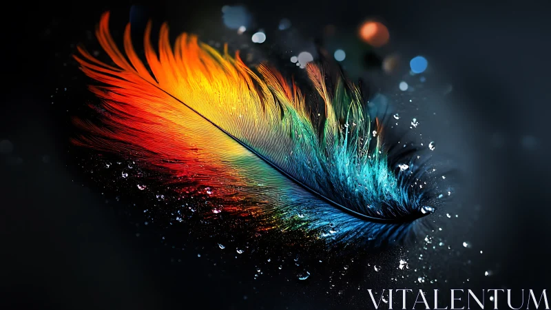 Multicolored feather with water droplets on dark surface.