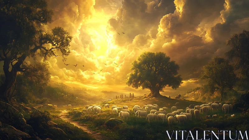 Sheep graze under towering trees beneath intense golden sky