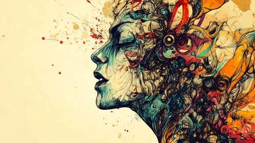 Surreal profile portrait erupts into vivid abstract chaos.