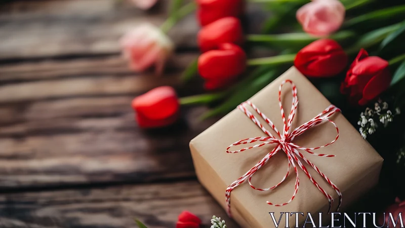 Gift box quietly daydreams among scattered red tulips