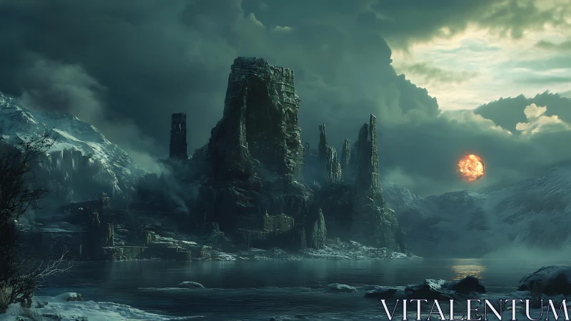 Frozen ruin towers over misty lake under burning sun