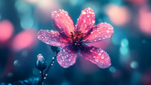 Pink flower petals covered with water droplets in macro focus