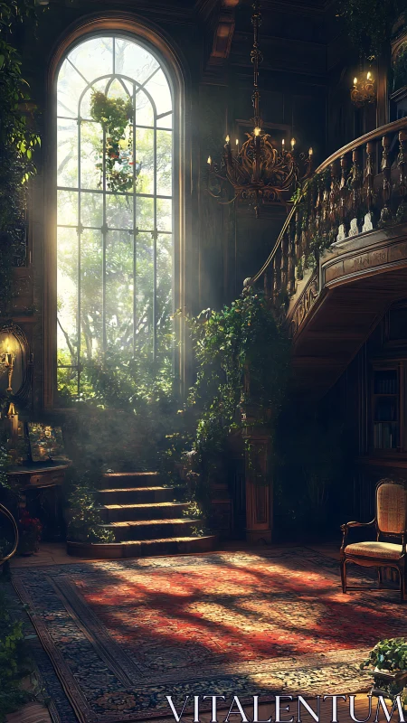 Sunlit overgrown stair hall with grand arched window