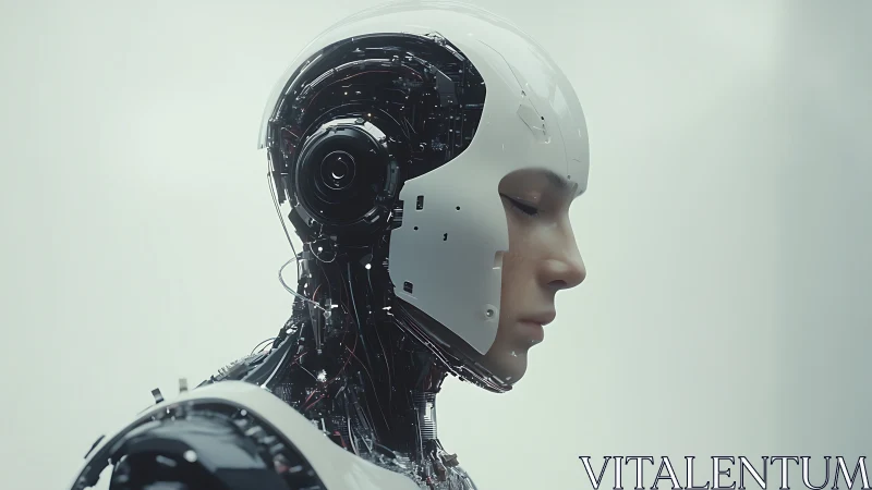 Serene humanoid android pauses in a soft, futuristic glow