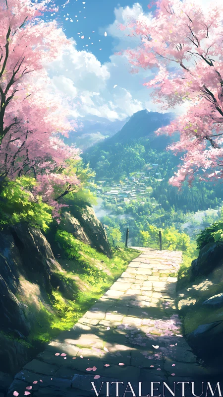 Cherry blossom path leans softly toward a dreaming valley