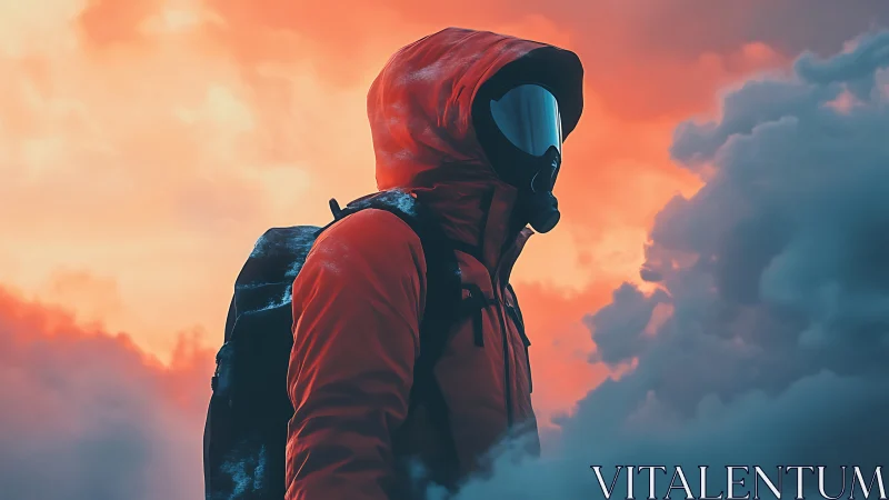 Hooded explorer in gas mask against burning storm sky.