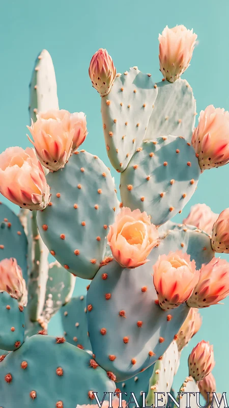 Prickly Pear Cactus Blooming Against Turquoise Sky.