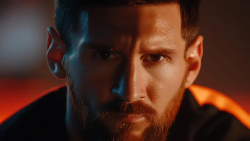 Photorealistic intense male portrait with dramatic rim lighting.