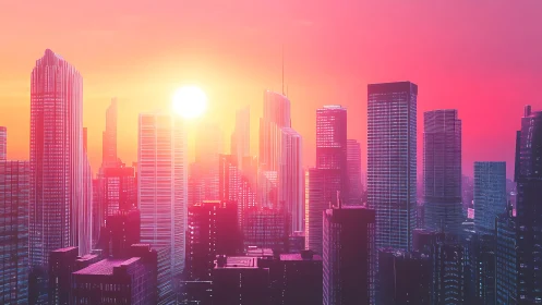 Spectral neon high‑rise skyline under saturated sunset glow.