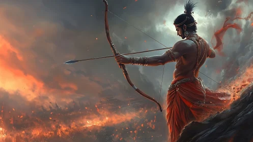 Mythic archer ignites stormlit battlefield with sacred arrow.