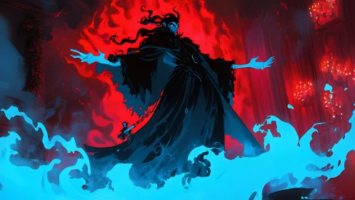 Flaming dark sorcerer commanding blue spectral flames.