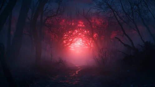 Dense forest corridor frames intense red backlit haze
