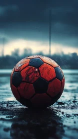 Rain-soaked soccer ball on muddy field under storm sky.