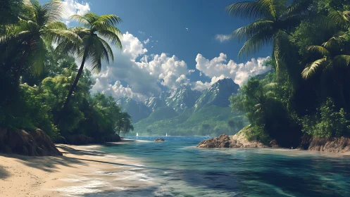 Tropical coastal landscape with mountain vista framed by vegetation.