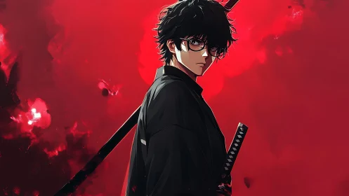 Brooding anime swordsman before crimson storm sky.