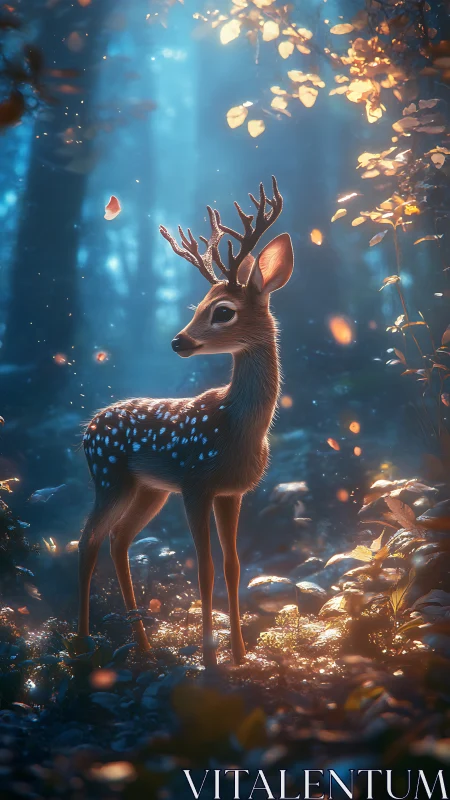 Young spotted deer glowing in gentle enchanted forest light.