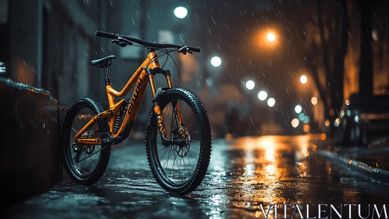 Orange Mountain Bike in Rain on Wet Urban Street