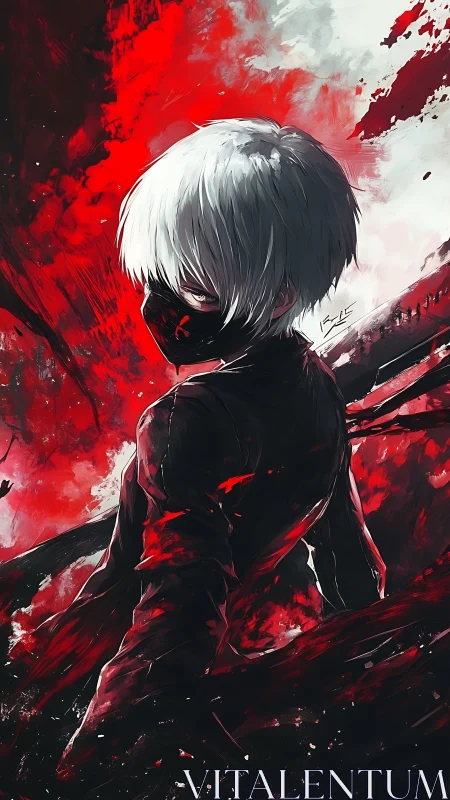 Masked white-haired fighter stands in violent crimson storm