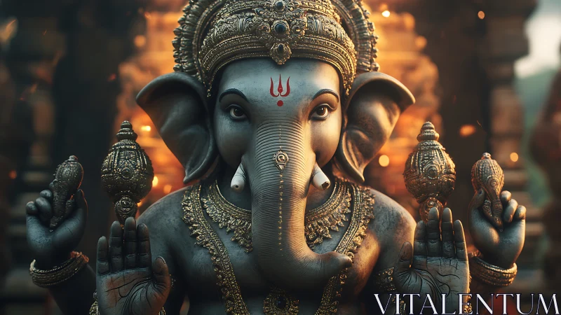 Photorealistic Ganesha deity idol with ornate brass adornment