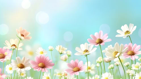 Pink White Daisies Bloom Against Soft Blue Sky
