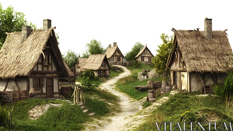 Medieval village path with rustic thatched cottages.