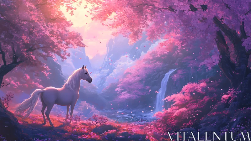 White horse under cherry blossom canopy near cascading falls
