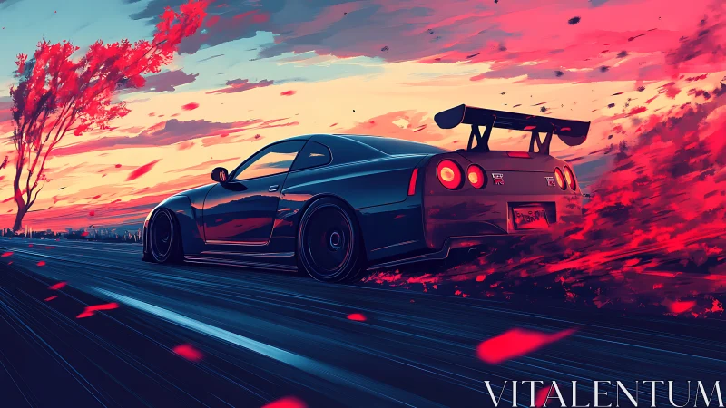 Midnight tuner skyline slicing through neon dusk embers.