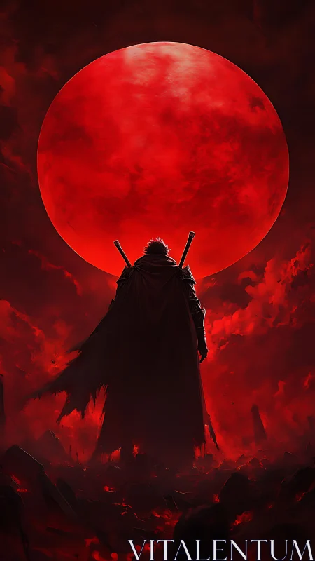Scarlet moon crowns the lone blade-worn wanderer below