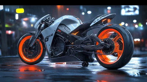 Cyberpunk racing motorcycle in neon urban night render.