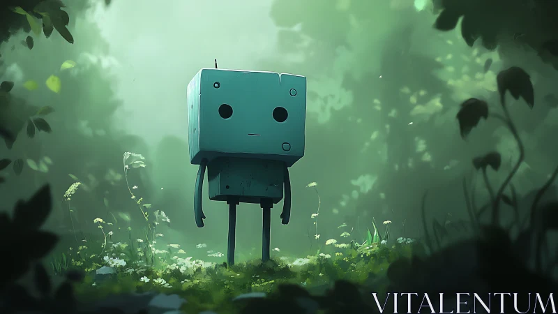 Lonely boxy robot stands in misty green forest clearing