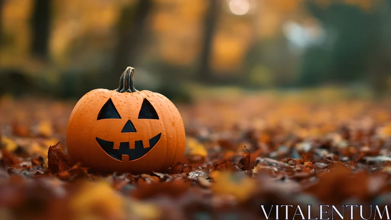Jack-o-lantern rests on autumn leaves in shallow depth-of-field