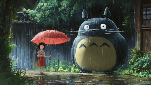 Rainy roadside pause with girl, red umbrella and forest giant.