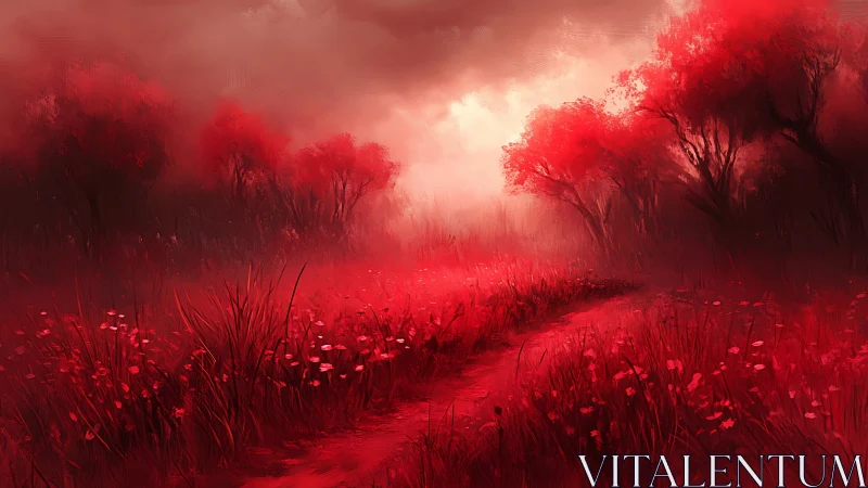 Crimson mist path winding through a dreamlit scarlet forest.