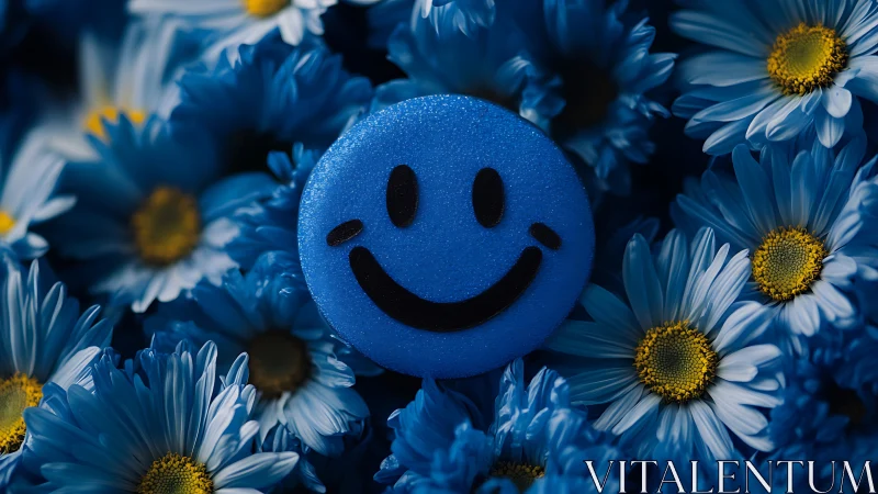 Smiling blue emoji nestles among midnight daisies. Period.