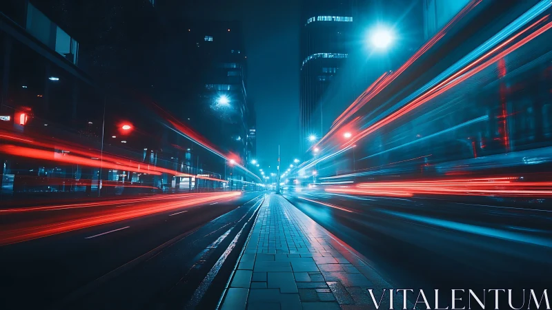 Long-exposure urban traffic captures red light trails in teal haze