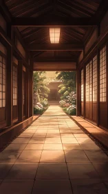 Sunlit Japanese corridor opens onto serene garden path