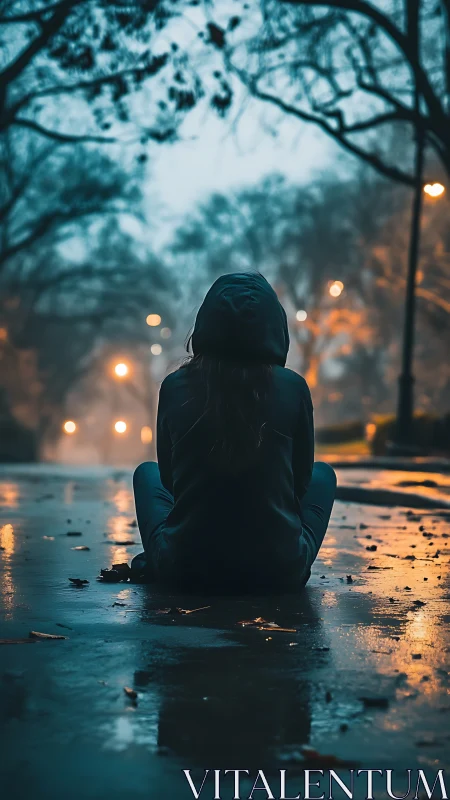 Cinematic portrait of hooded figure in rainy urban dusk street.