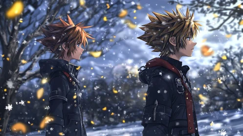 Two spiky-haired youths walking through a snowy forest.