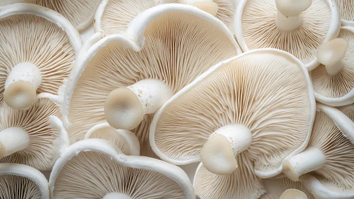 Oyster mushroom gills fill frame in tightly packed overhead view