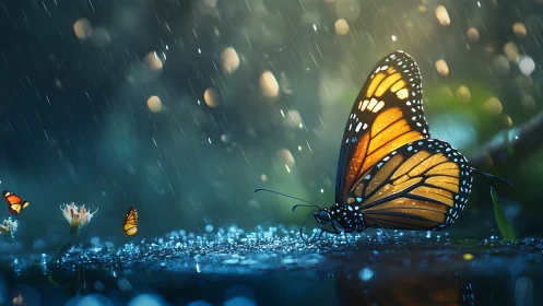 Rain-kissed monarch butterfly pauses softly in a glowing dusk