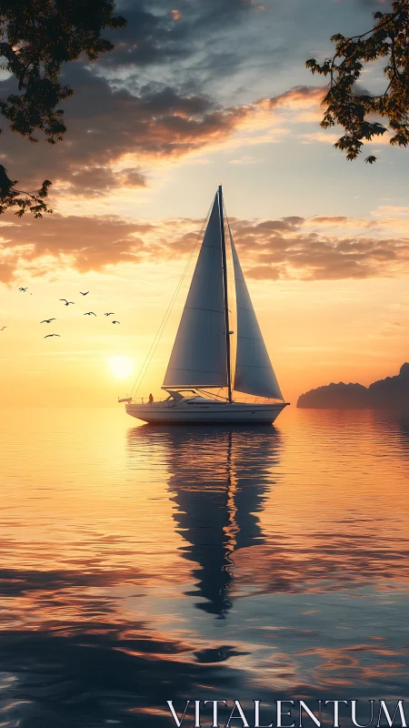 Velvet-sky sailboat drifting through molten sunset calm.