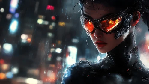 Neon storm pours across a cybernetic vigilante’s visor