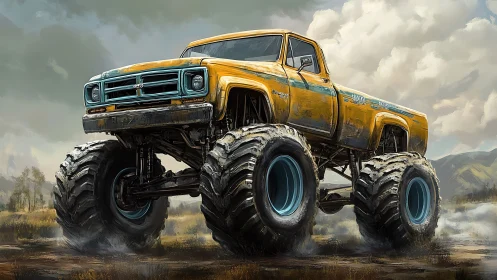 Yellow lifted monster truck in muddy open landscape.