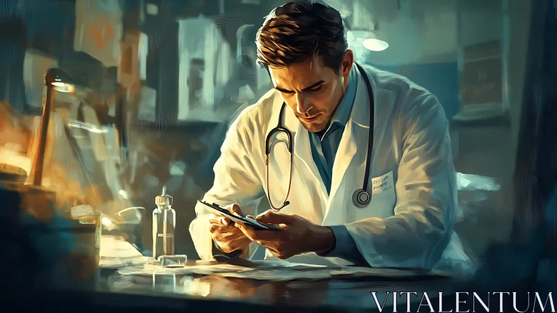 Focused doctor studies digital chart under warm light.