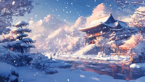 Digital painting of snow-laden temple beside reflective winter river.