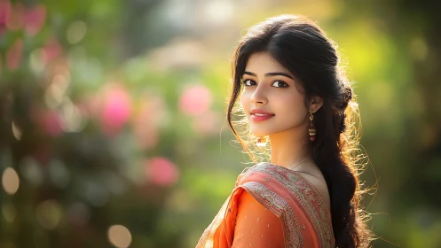 Elegant woman in traditional attire with soft natural lighting.