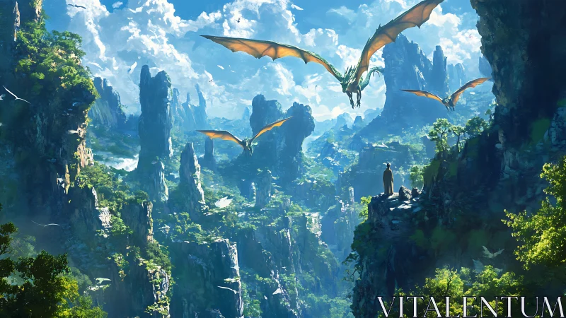 Skyward dragons over emerald spires in mist-drenched realm.