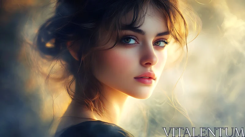 Ethereal digital portrait of woman in golden mist glow.