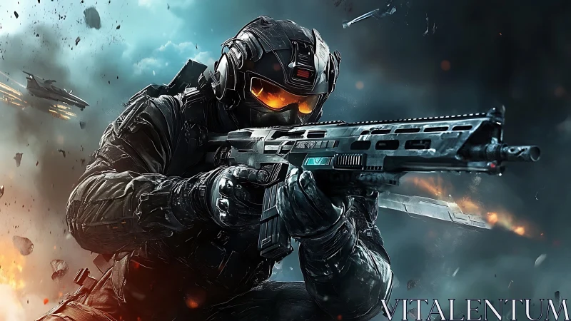 Futuristic armored soldier aiming rifle in space battle.